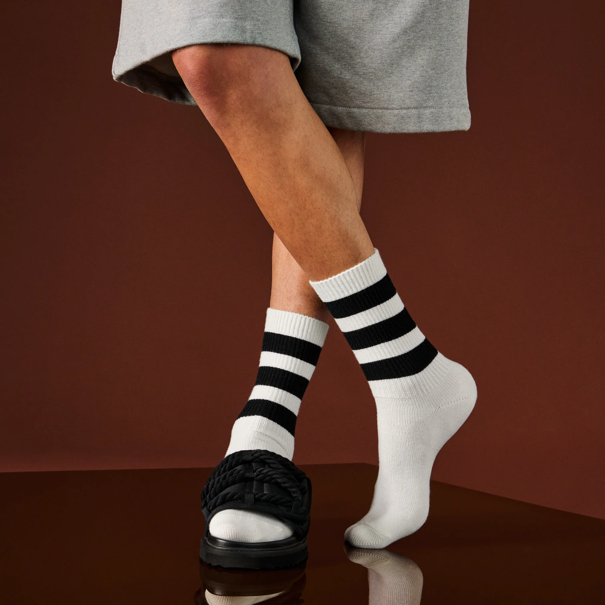 Fine Merino Tri-Stripe Ribbed  Crew Socks