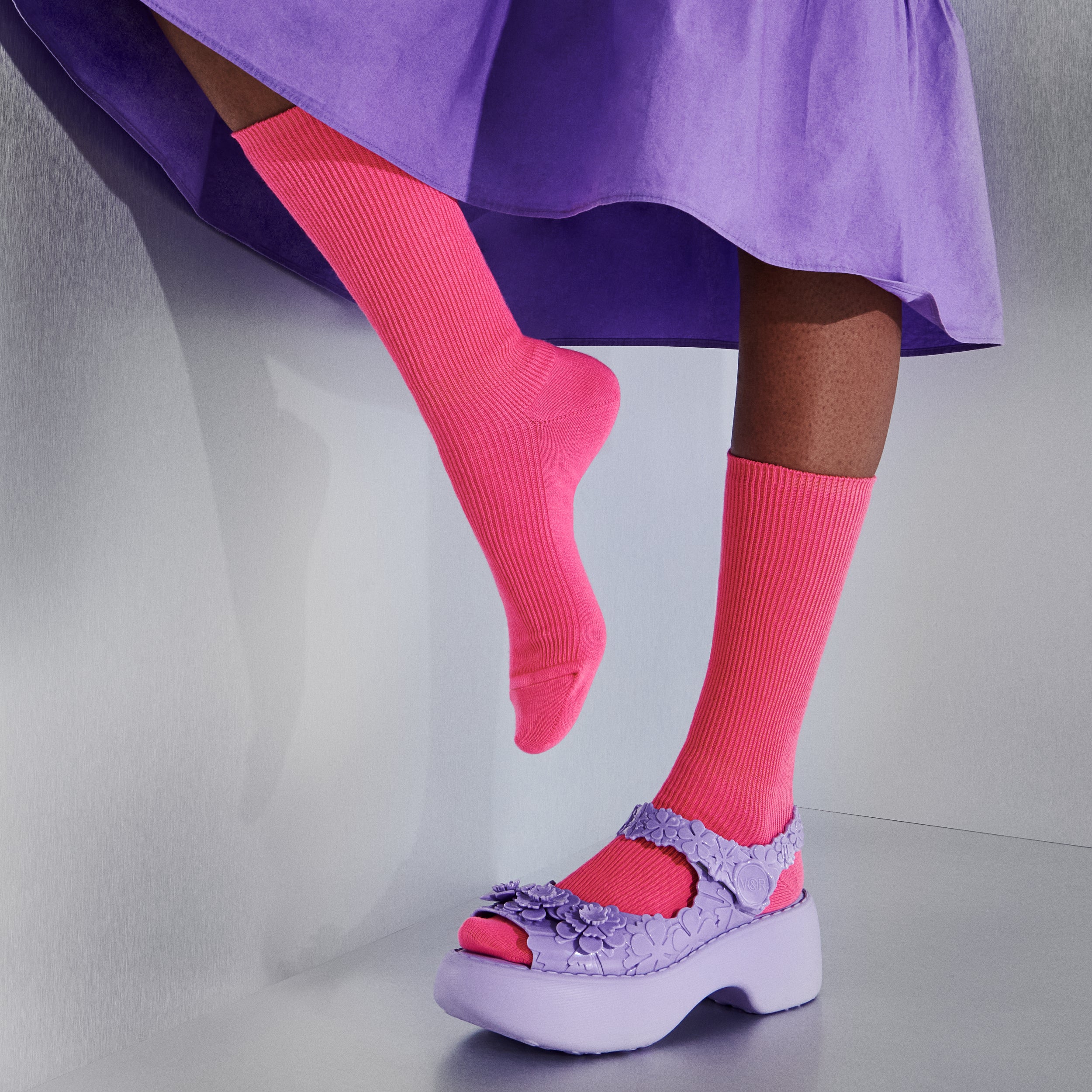 Ribbed Neon Color Cotton Crew Socks - Image 3